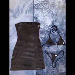 Malibu Strings black stripe teeny bikini and cover up dress EUC